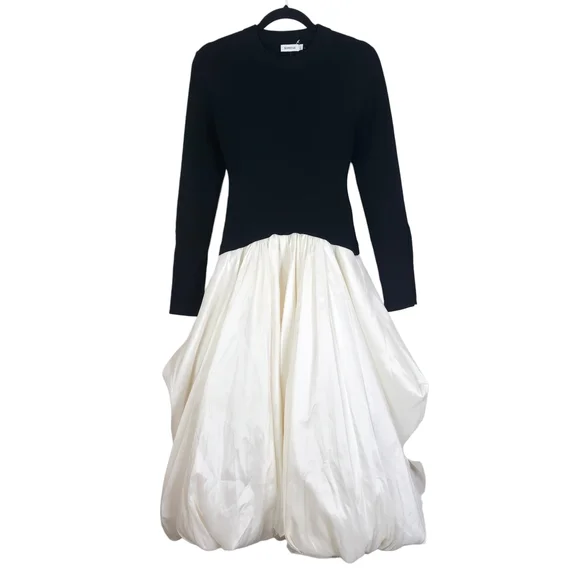 Simkhai Kenlie Midi Dress Black White Ribbed Knit Taffeta Bubble Hem Size S - Picture 4 of 12